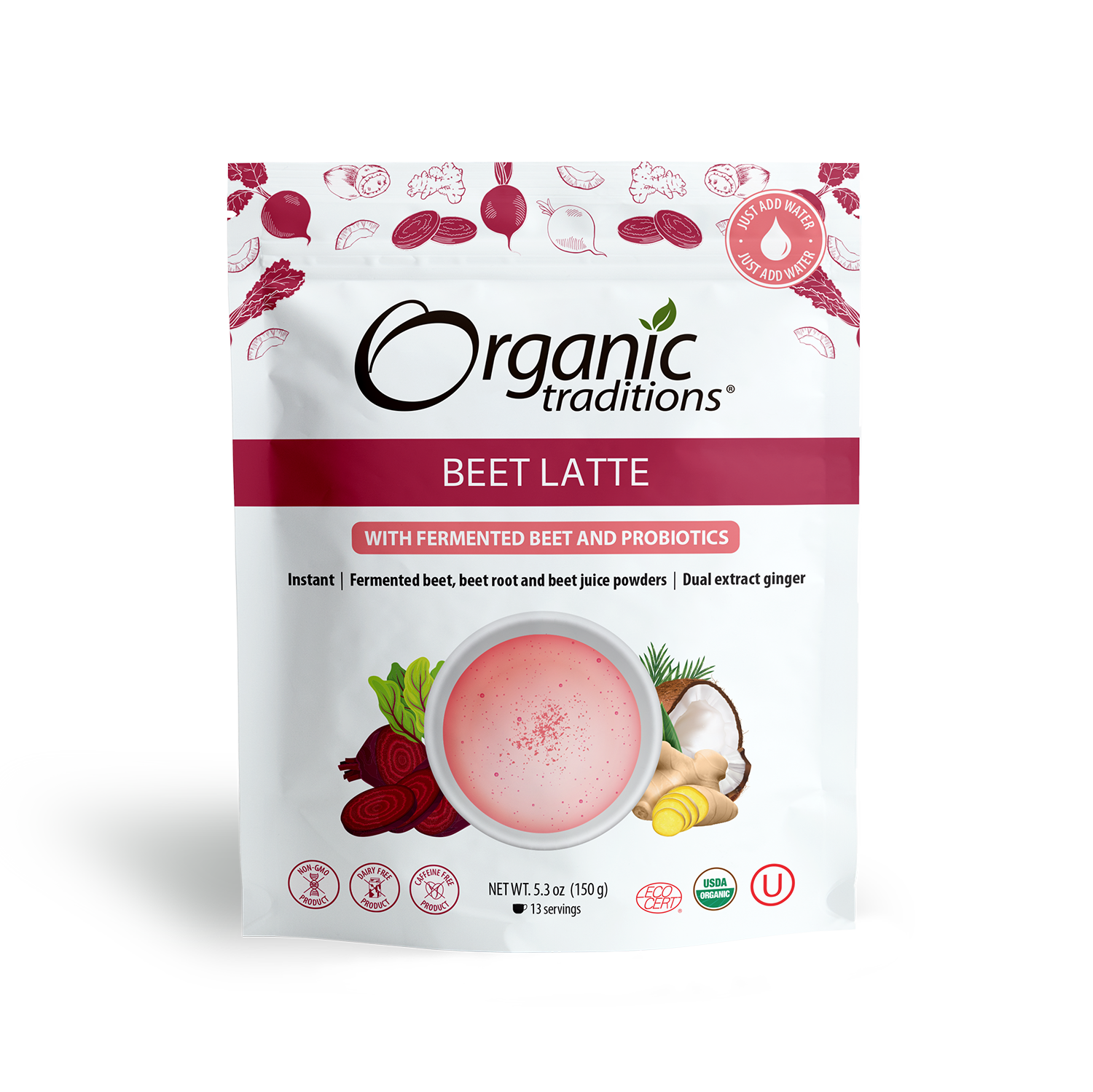 organic traditions beet latte with fermented beet and probiotics front of bag image