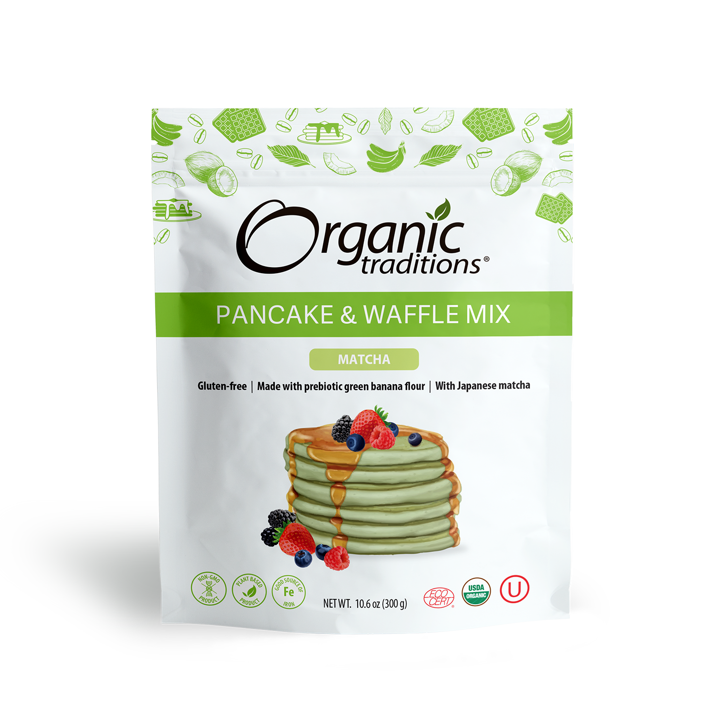 organic traditions matcha pancake and waffle mix front of bag image