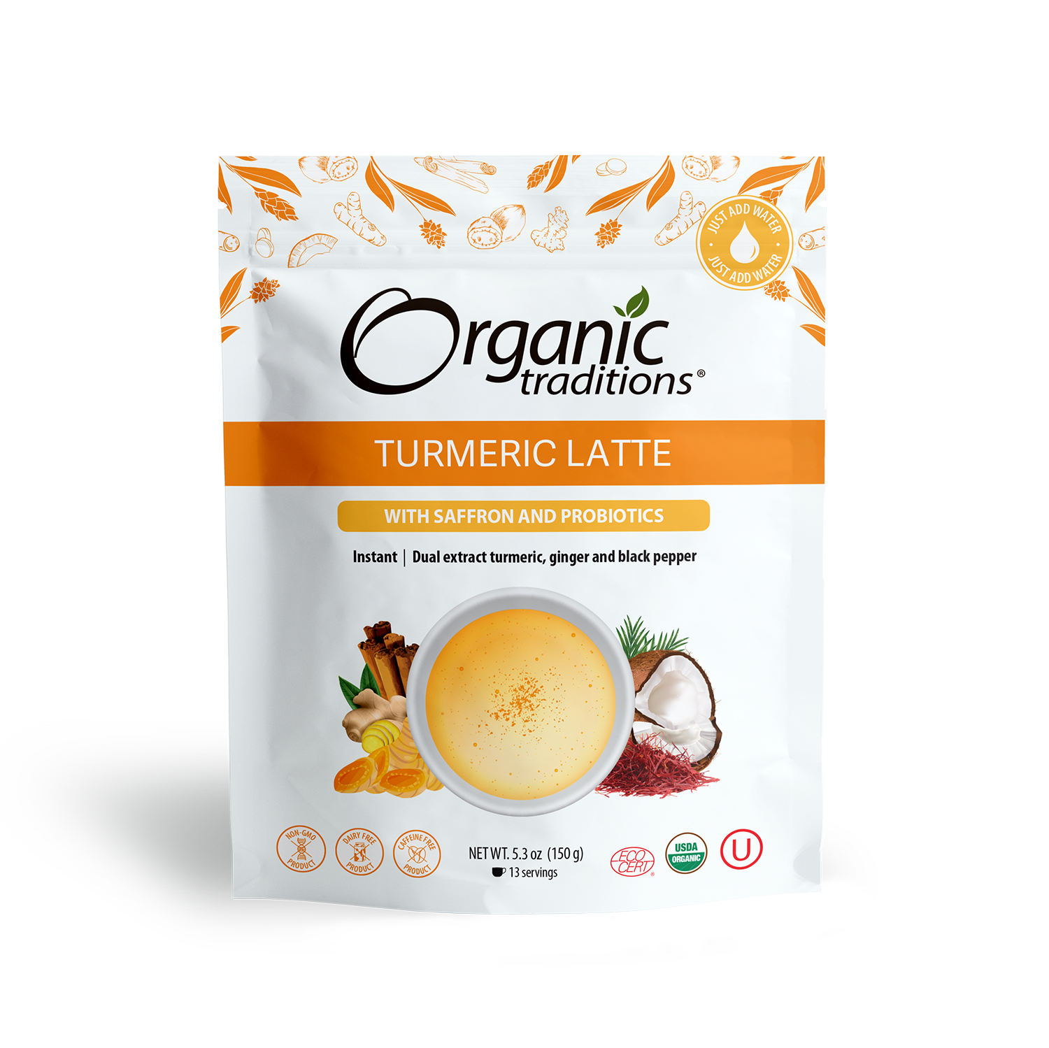 organic traditions turmeric latte with saffron and probiotics front of bag image